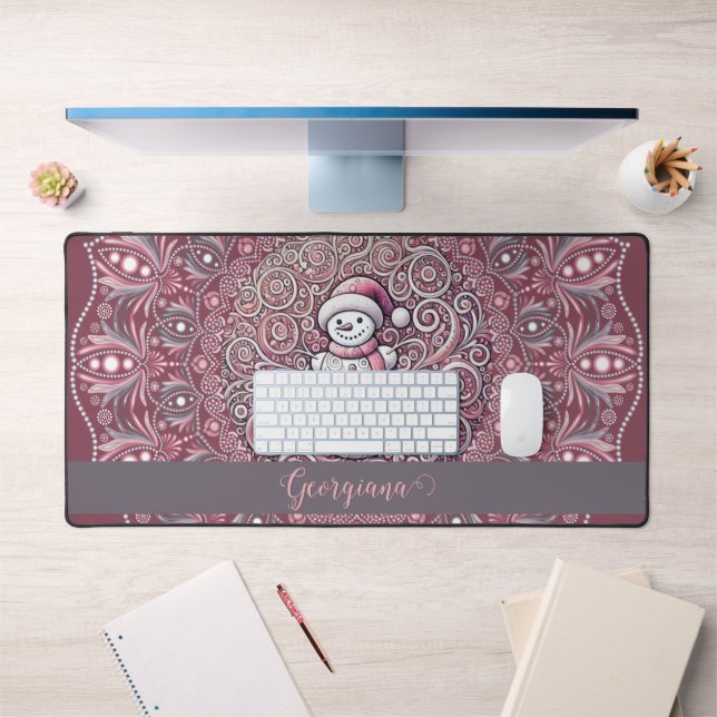 Cute Custom Name Whimsical Pink Snowman Mandala Desk Mat (Office 1)