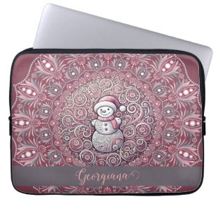 Cute Custom Name Whimsical Pink Snowman Mandala Laptop Sleeve