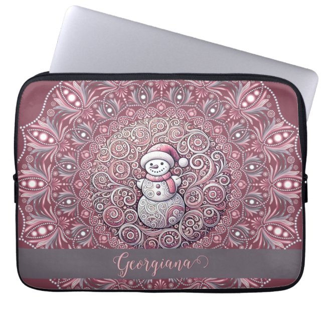 Cute Custom Name Whimsical Pink Snowman Mandala Laptop Sleeve (Front)