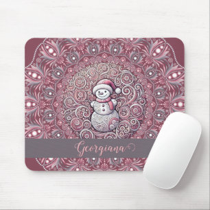 Cute Custom Name Whimsical Pink Snowman Mandala Mouse Mat