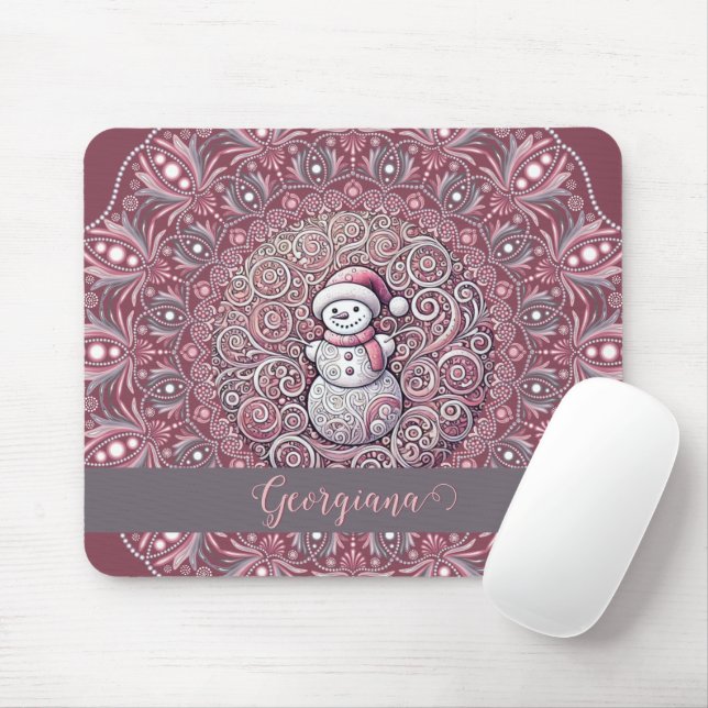 Cute Custom Name Whimsical Pink Snowman Mandala Mouse Mat (With Mouse)
