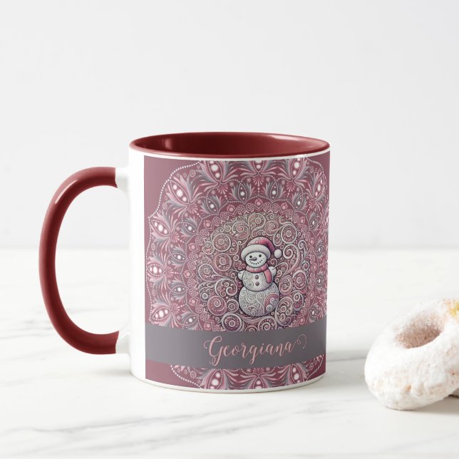 Cute Custom Name Whimsical Pink Snowman Mandala Mug (With Donut)