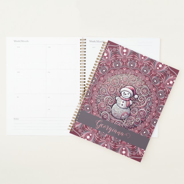 Cute Custom Name Whimsical Pink Snowman Mandala Planner (Display)