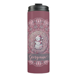 Cute Custom Name Whimsical Pink Snowman Mandala Thermal Tumbler