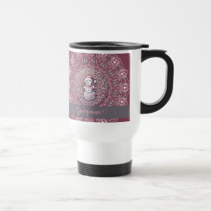 Cute Custom Name Whimsical Pink Snowman Mandala Travel Mug