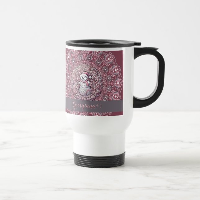 Cute Custom Name Whimsical Pink Snowman Mandala Travel Mug (Right)