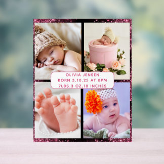 Cute Custom Newborn Baby Girl Birth Stats 4 photo Acrylic Sign