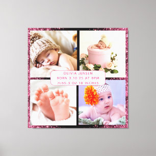 Cute Custom Newborn Baby Girl Birth Stats 4 photo Canvas Print
