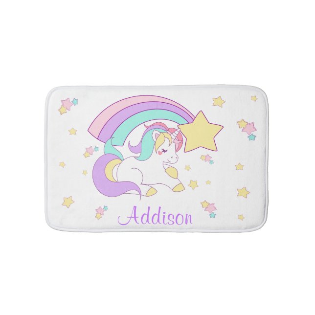 Cute Custom Personalised Magical Rainbow Unicorn Bath Mat (Front)