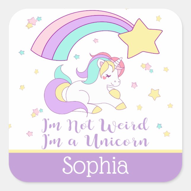 Cute Custom Personalised Magical Rainbow Unicorn Square Sticker (Front)