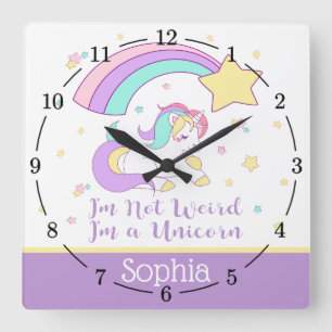 Cute Custom Personalised Magical Rainbow Unicorn Square Wall Clock