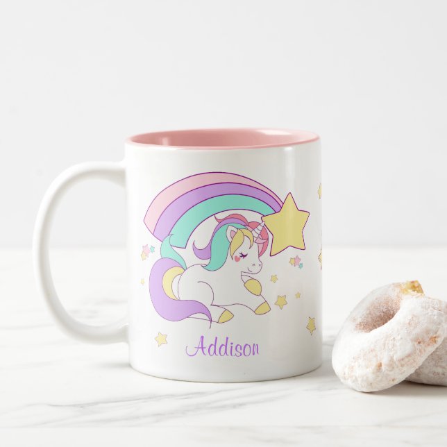 Cute Custom Personalised Magical Rainbow Unicorn Two-Tone Coffee Mug (With Donut)