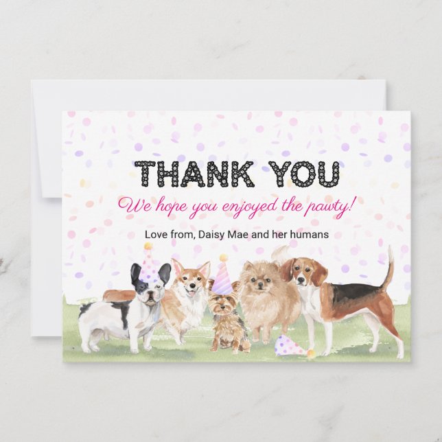 Cute Custom Pet Pawty Pink Dog Birthday Party Thank You Card (Front)