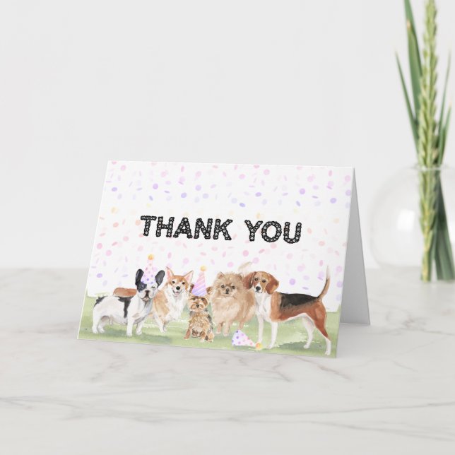 Cute Custom Pet Pawty Pink Dog Birthday Party Thank You Card (Front)
