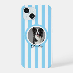 Cute Custom Pet Photo & Name Blue White Stripes iPhone 15 Case