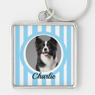 Cute Custom Pet Photo & Name Blue White Stripes Key Ring