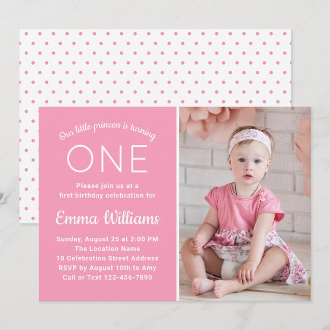 Cute Custom Photo Baby Pink Girl 1st Birthday Invitation (Front/Back)