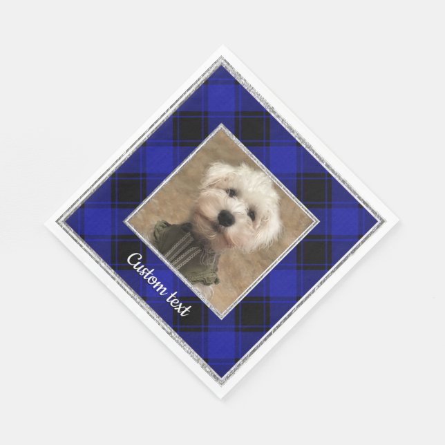 Cute Custom Photo Frame Blue & Black Plaid Napkin (Corner)