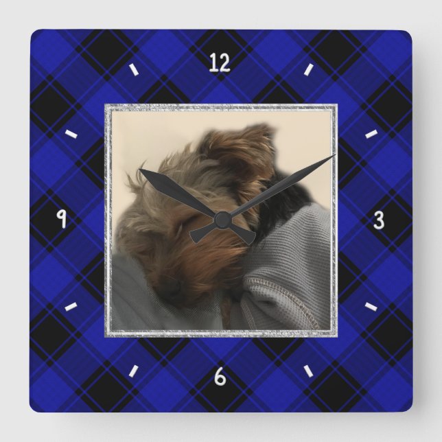 Cute Custom Photo Frame Classic Blue & Black Plaid Square Wall Clock (Front)