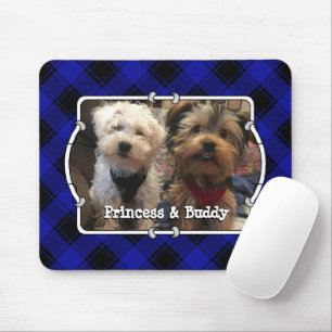 Cute Custom Photo Frame Dog Pet Blue & Black Plaid Mouse Mat