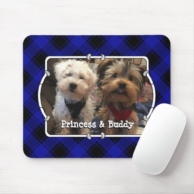 Cute Custom Photo Frame Dog Pet Blue & Black Plaid Mouse Mat (With Mouse)