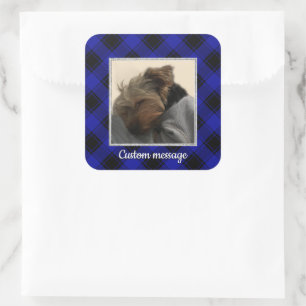 Cute Custom Photo Frame Pet Blue & Black Plaid Square Sticker