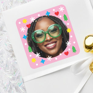Cute Custom Photo Holiday Retro Pink Christmas Square Sticker