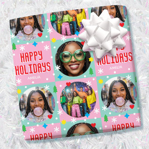 Cute Custom Photo Holiday Retro Pink Christmas Wrapping Paper