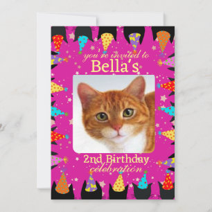 Cute Custom Photo Pink Cat Birthday Party Invitation