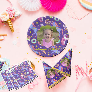 Cute Custom Photo Unicorns, Doughnuts & Ice Cream Paper Plate