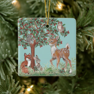 Cute Custom Photo, Woodland Baby Animals Holiday Ceramic Ornament