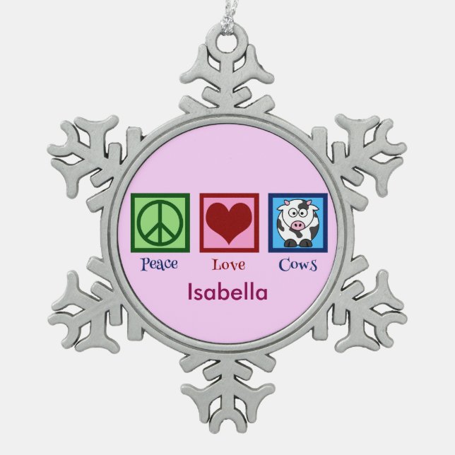 Cute Custom Pink Cow Snowflake Pewter Christmas Ornament (Front)