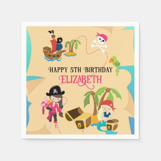 Cute Custom Pink Girl Pirate Birthday Party Napkin (Front)