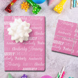 Cute Custom Pink Name Typography Girls Birthday Wrapping Paper Sheet<br><div class="desc">Cute pink name collage wrapping paper sheets for a girl's birthday decorated in nine different fonts spelling your name in white. Cute custom kids gift wrap with fun typography in white.</div>