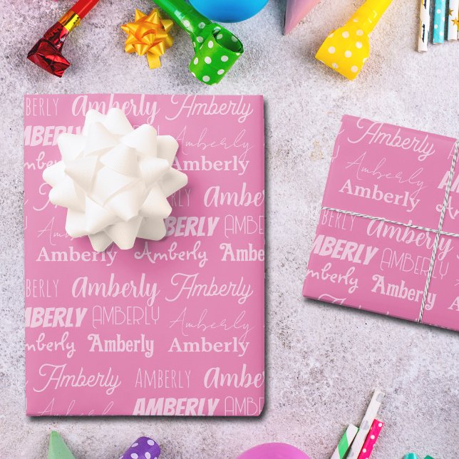 Cute Custom Pink Name Typography Girls Birthday Wrapping Paper Sheet (Creator Uploaded)