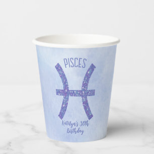 Cute Custom Pisces Sign Purple Birthday Party Paper Cups
