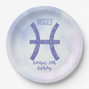 Cute Custom Pisces Sign Purple Birthday Party Paper Plate