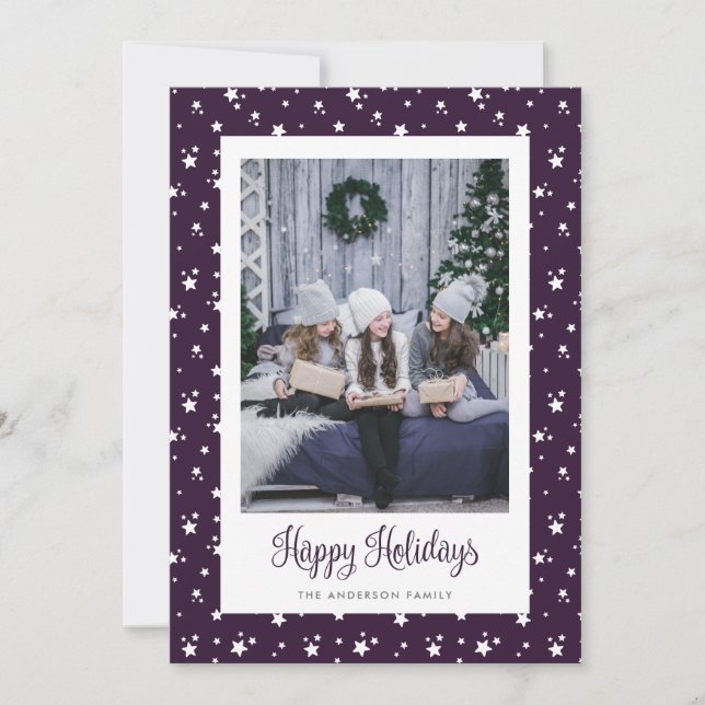 Cute Custom Purple Stars Photo Holiday Cards (Front)