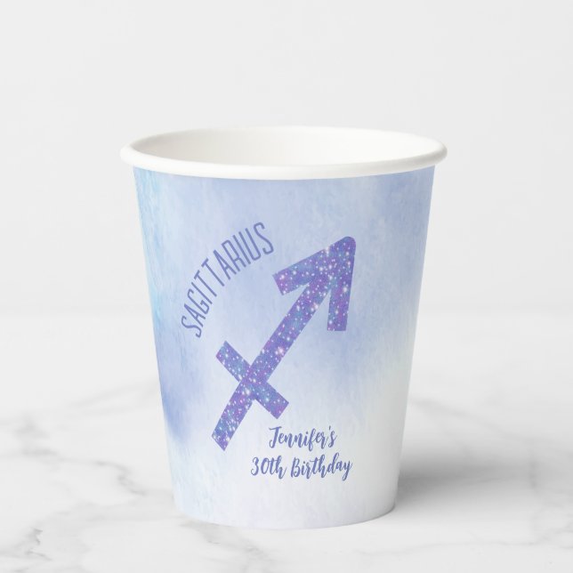 Cute Custom Sagittarius Purple Birthday Party Paper Cups (Front)