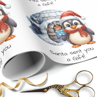 Cute Custom Santa Hat Penguin Snow Kids Christmas Wrapping Paper