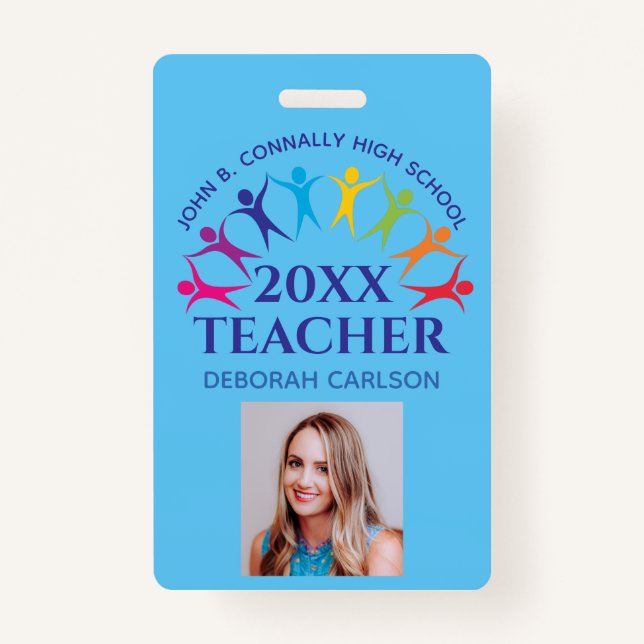 Cute Custom School Teacher Rainbow Name Blue ID Badge (Front)