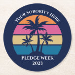 Cute Custom Sorority Pledge Week Beach Party Blue Round Paper Coaster<br><div class="desc">This cute tropical palm tree sunset paper coaster is the perfect addition to a pledge week or spring break party with your college friends or a fun cruise ship getaway vacation with the family. Personalise a set of customised cups for your group celebration at the beach or an island family...</div>