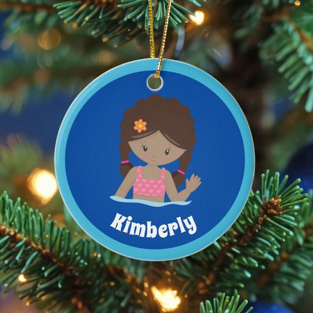 Cute Custom Swim Team African American Girl Ceramic Tree Decoration (Creator Uploaded)