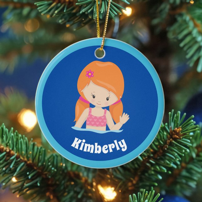 Cute Custom Swim Team Redhead Girl Christmas Ceramic Tree Decoration (Creator Uploaded)