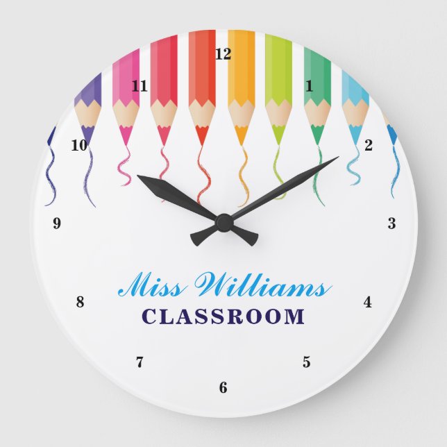 Cute Custom Teacher Rainbow Artistic Classroom Large Clock (Front)