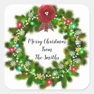 Cute Custom Text Christmas Green Holiday Wreath Square Sticker