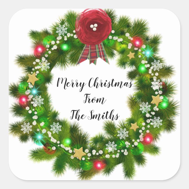 Cute Custom Text Christmas Green Holiday Wreath Square Sticker (Front)