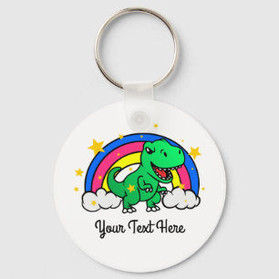 Cute Custom Text Green Dinosaur Rainbow Key Ring