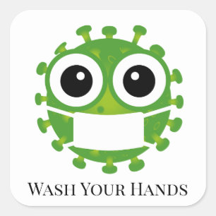Cute Custom Text Green Virus Germ Emoji Wash Hands Square Sticker