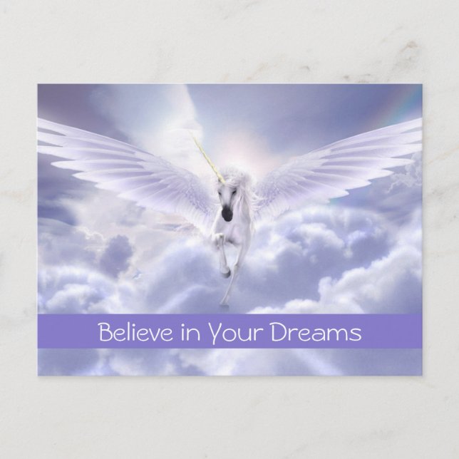 Cute Custom Text Magic Flying Unicorn Purple Cloud Postcard (Front)